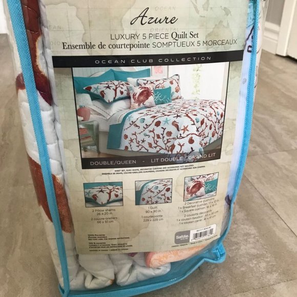 New Aqua Ocean Club 5-Piece Bedding Quilt Set • Reversible • Double-Queen (DQ) - Picture 5 of 5